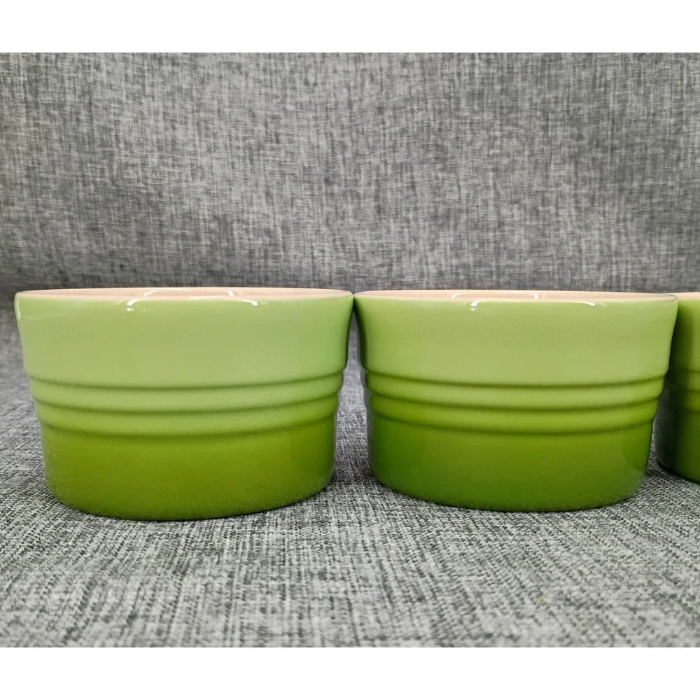 NOS 4 New Le Creuset Ramekins Ombre Kiwi 7 oz. Green Stackable Stoneware Serving